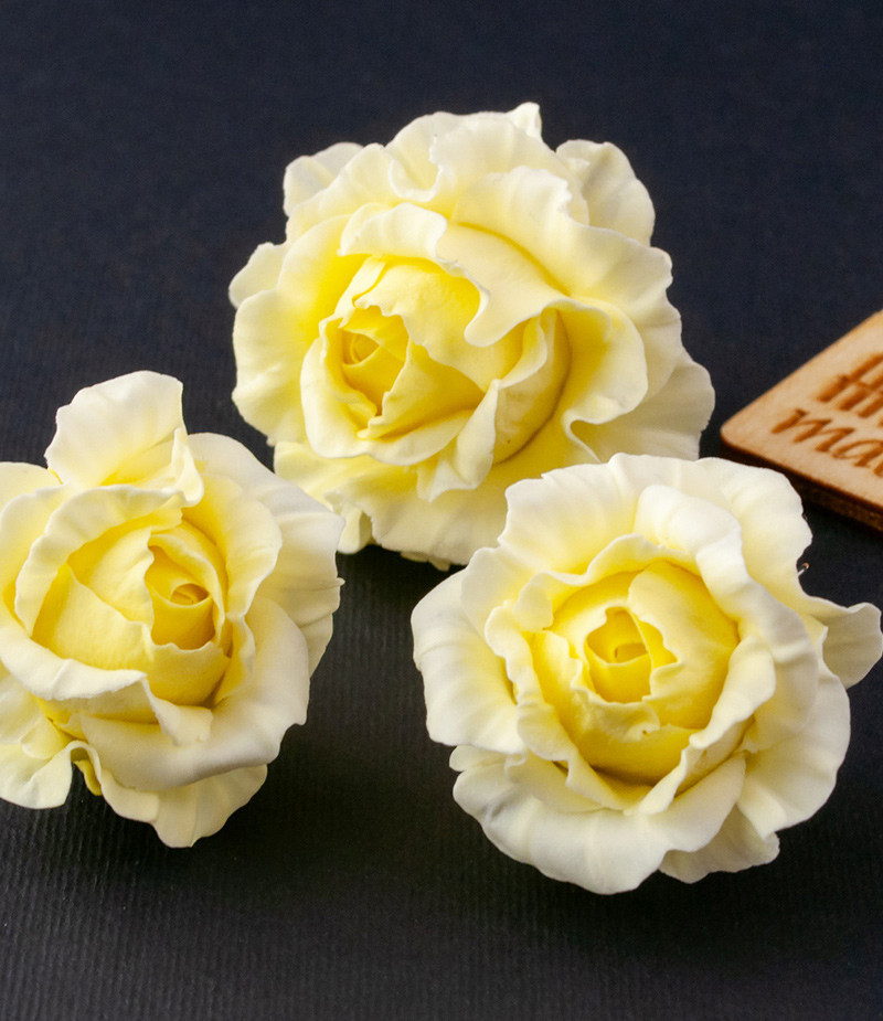 Комплект сережки та кільце "Лимонні троянди" із флористичної полімерної глини авторської роботи., фото 1