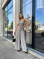 Жіночий літній комбінезон із креп-жатки з широкими брюками у сірому кольорі