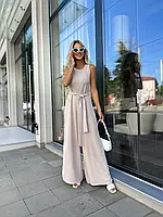 Бежевий жіночий літній костюм з креп-жатки на кожен день з поясом