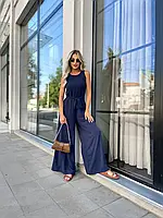 Літній жіночий темно синій комбінезон із креп-жатки з широкими штанинами та поясом