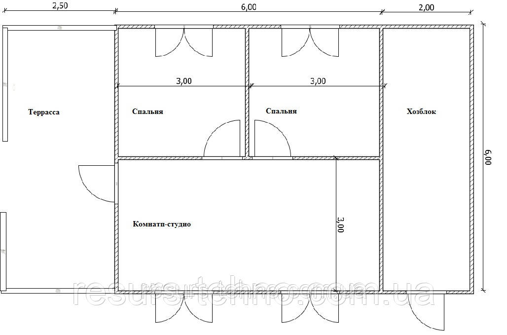 Дім 6 м х 6 м із терасою й коозблоком