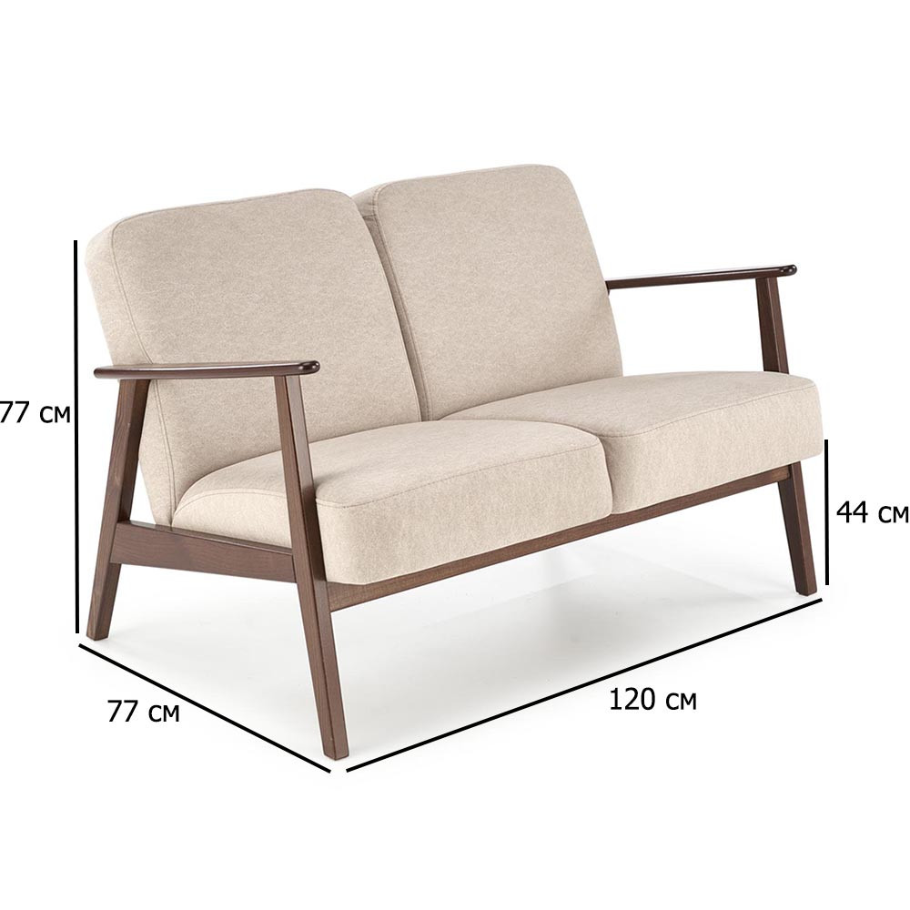 Двомісний диван у стилі ретро Milano 2S бежевий на дерев'яних ніжках кольору горіх у кімнату, фото 1