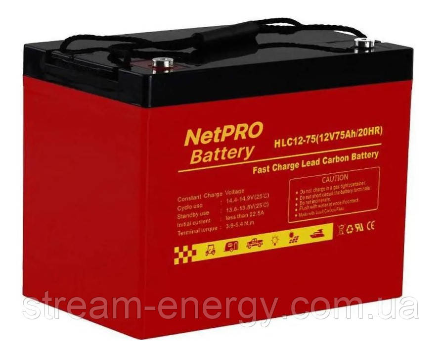 Акумулятор carbon GEL 75Ah NetPRO HLC 12-75 - для інвертора, ДБЖ, для котла, будинку, квартири, холодильника, фото 1