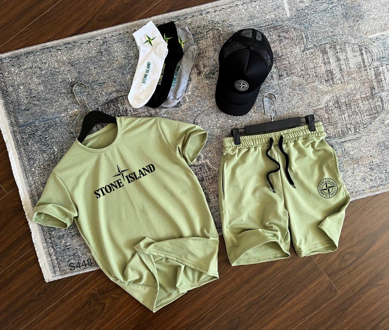 Чоловічий літній костюм Stone Island Футболка + Шорти зелений Стон Айленд на літо