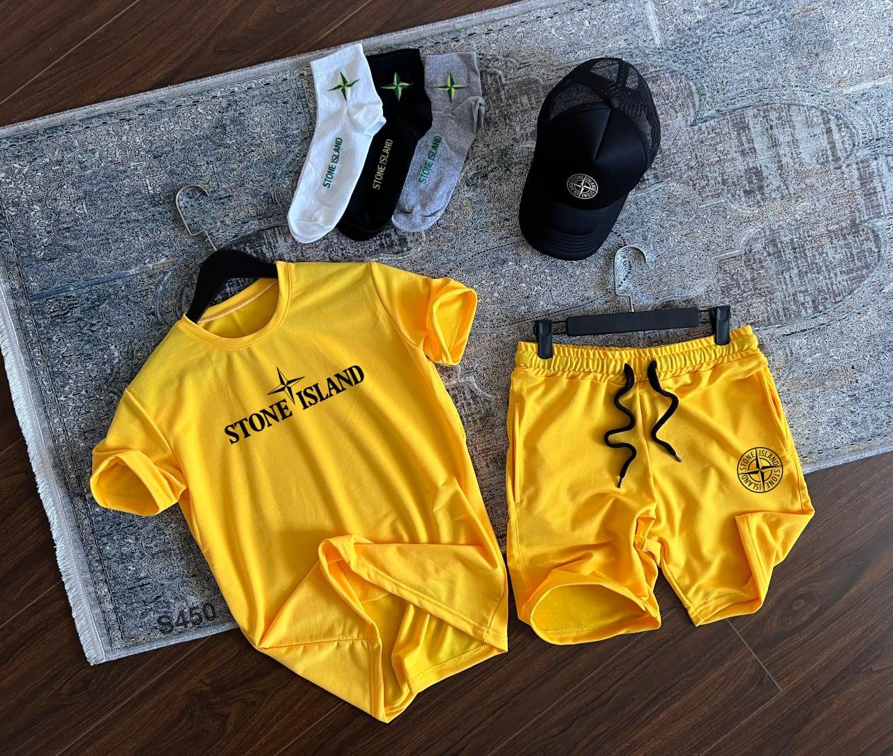 Чоловічий літній костюм Stone Island Футболка + Шорти жовтий Стон Айленд на літо
