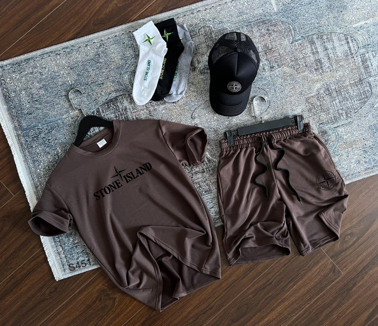 Чоловічий літній костюм Stone Island Футболка + Шорти коричневий Стон Айленд на літо