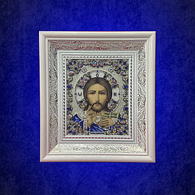 Вишита ікона "Господь Вседержитель" у сріблі з перлами та камінням