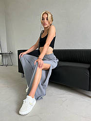 Жіночі літні легкі штани палаццо з розрізами висока посадка базові повсякденні прямі штани жниварка Сірий, 42/44