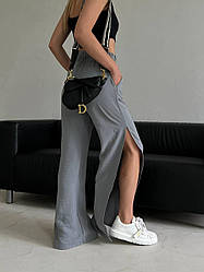 Жіночі літні легкі штани палаццо з розрізами висока посадка базові повсякденні прямі штани жниварка Сірий, 44/46