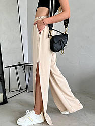 Жіночі літні легкі штани палаццо з розрізами висока посадка базові повсякденні прямі штани жниварка Бежевий, 42/44