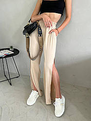 Жіночі літні легкі штани палаццо з розрізами висока посадка базові повсякденні прямі штани жниварка Бежевий, 44/46