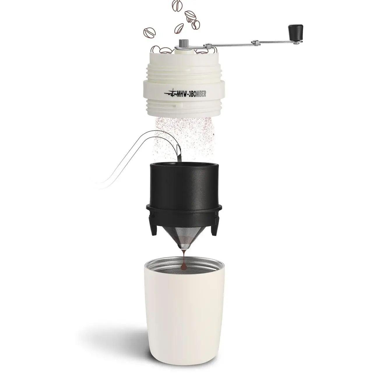 Дорожній набір MHW-3BOMBER для приготування кави v60 в пуровері, подарунковий: кавомолка, пуровер, термос, Білий
