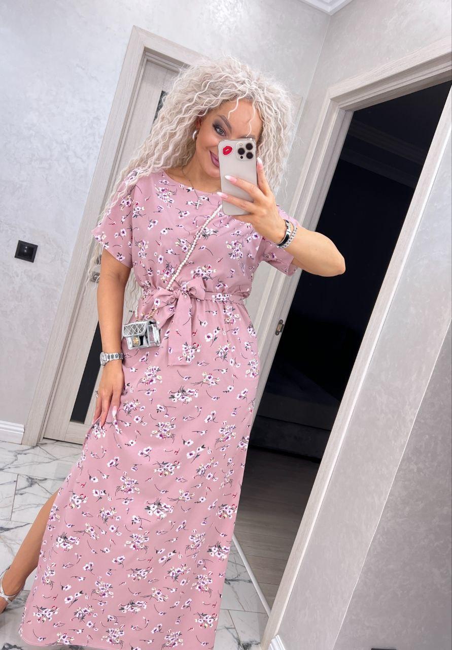 Довге плаття у квітковий принт з поясом на талії та коротким рукавом (р. 42-54) 7PL5750, фото 1