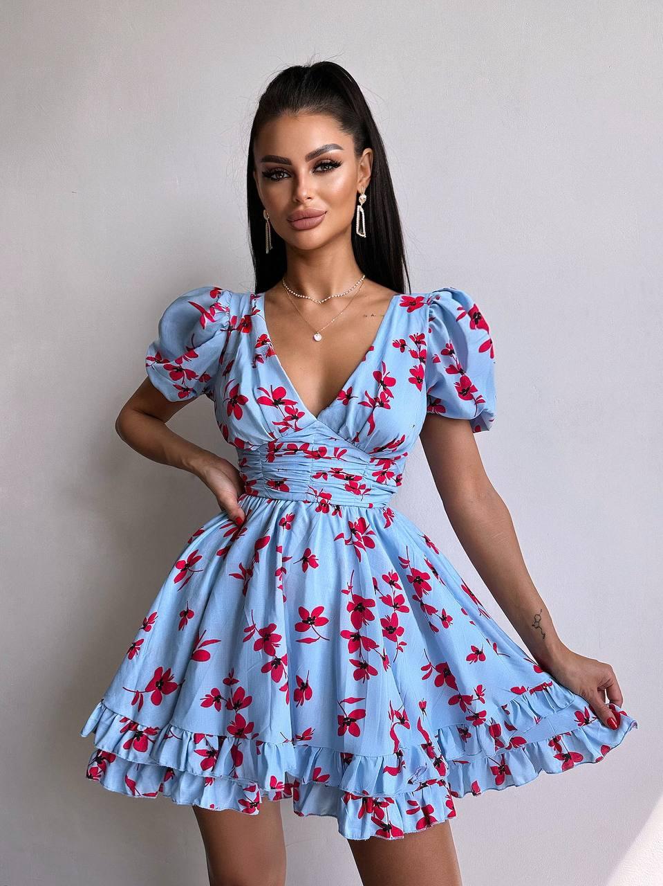 Міні плаття із широкими рукавами драпіруванням відкритою спиною і спідницею з оборками (р. 42, 44) 66PL5758Е, фото 1