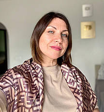 Шовкова брендова хустка Fendi 90*90 см коричнева ручна обробка краю, фото 6
