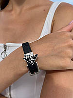 Прада стильний браслет чорного кольору / Браслет Прада з логотипом, шкіряний, чорного кольору