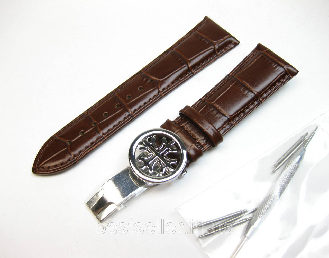 Ремінець до годинників PATEK PHILIPPE коричневий, шкіряний, з фірмовою застібкою SILVER 20/18 мм ААА