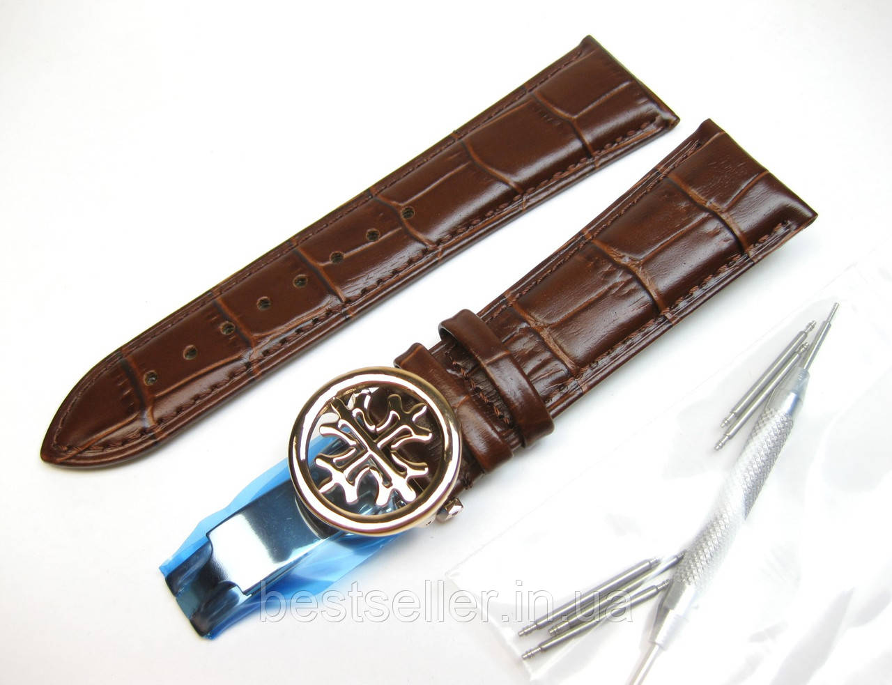 Ремінець до годинників PATEK PHILIPPE коричневий, шкіряний, з фірмовою застібкою ROSE GOLD 24/20 мм ААА