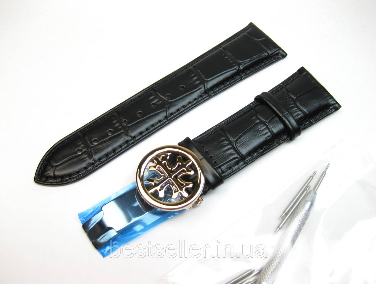 Ремінець до годинників PATEK PHILIPPE чорний, шкіряний, з фірмовою застібкою ROSE GOLD 24/20 мм ААА