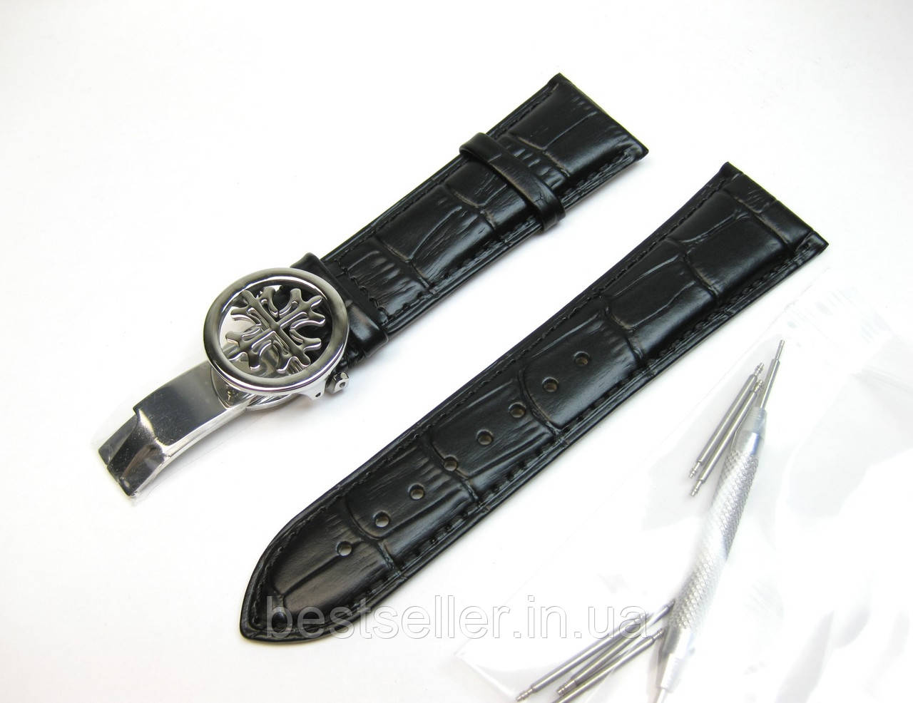 Ремінець до годинників PATEK PHILIPPE чорний, шкіряний, з фірмовою застібкою SILVER 24/20 мм ААА