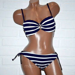 Смугастий купальник жіночий, розміри S M L XL XXL, роздільний, синьо-білий, бікіні, на зав'язках