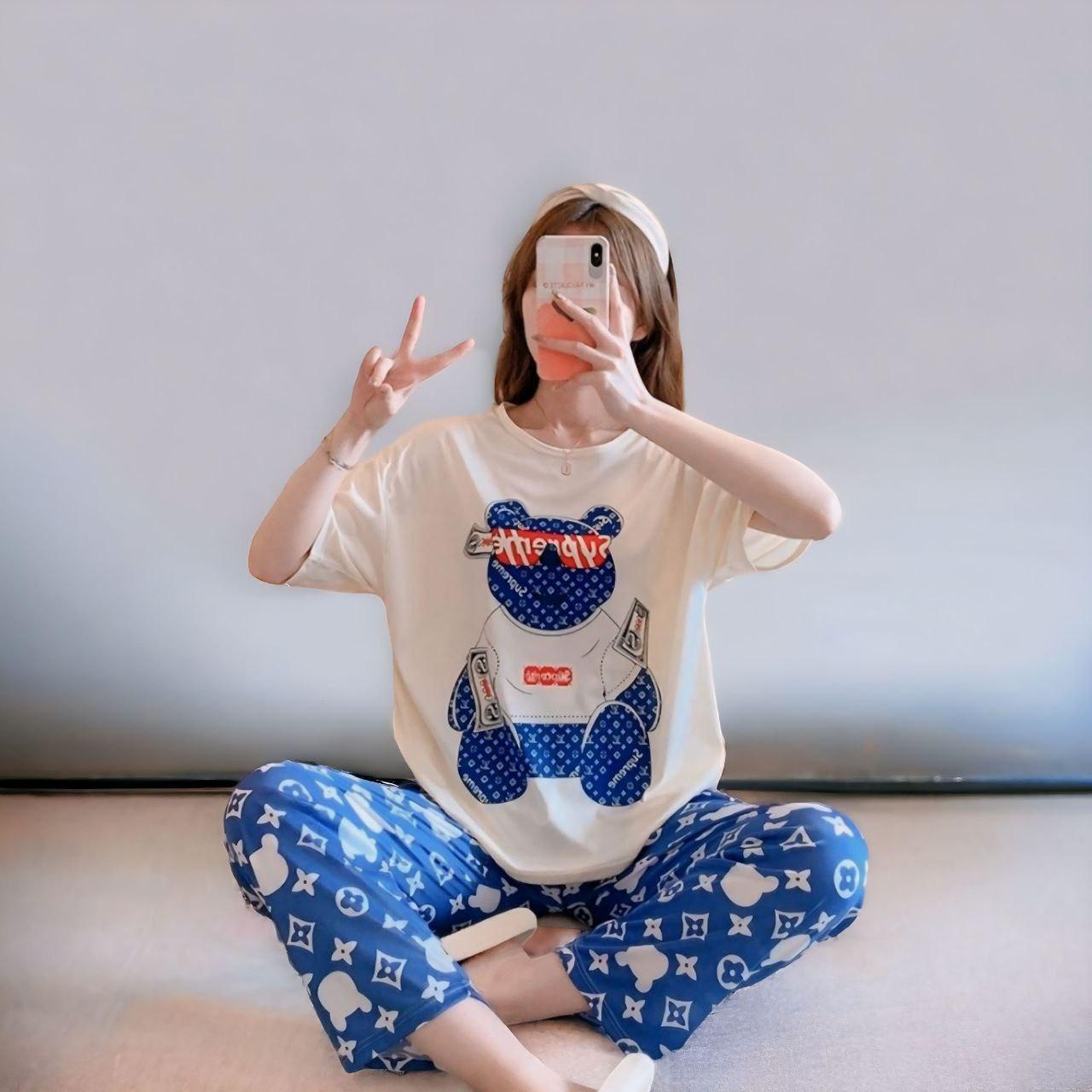 Стильна жіноча піжама blue bear для дому 3в1, Піжама жіноча з трьох предметів, Піжама з бамбука