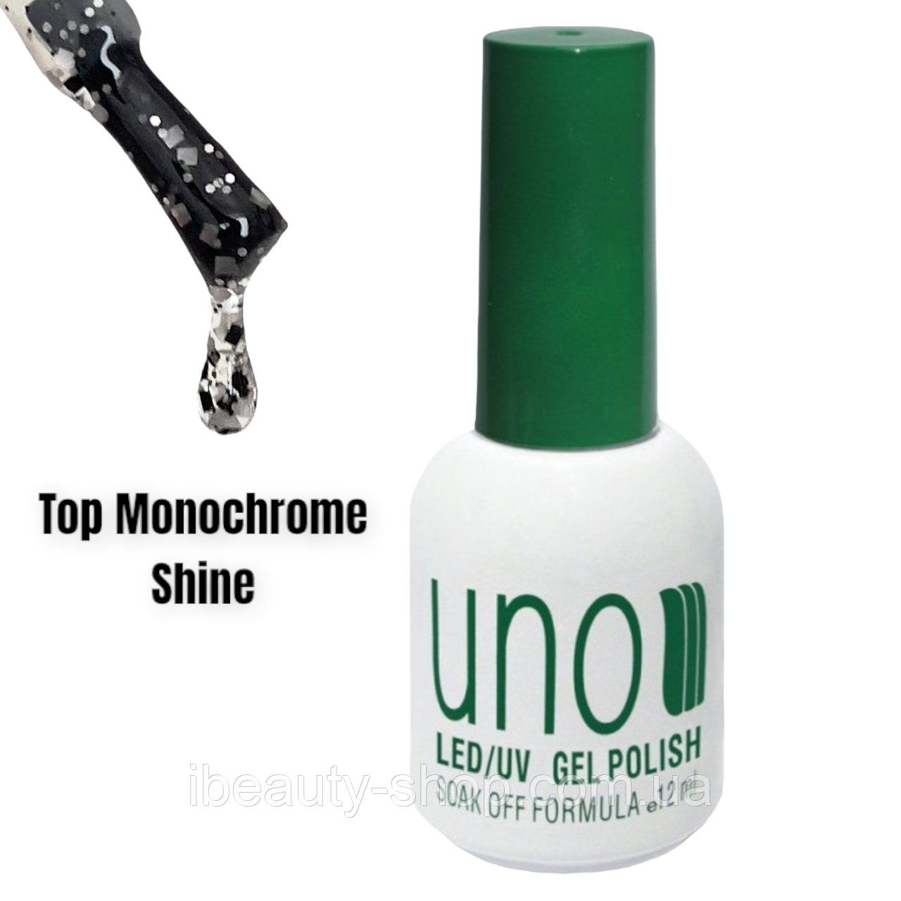 Топове покриття UNO Top Monochrome Shine із срібними та чорними частинками, без липкого шару, 12 мл, фото 1