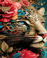 Картина розфарбування по цифрам по номерам Гепард в квітах 40х50см Розмальовки з цифр Набір акрилова живопис Rainbow Art GX47454