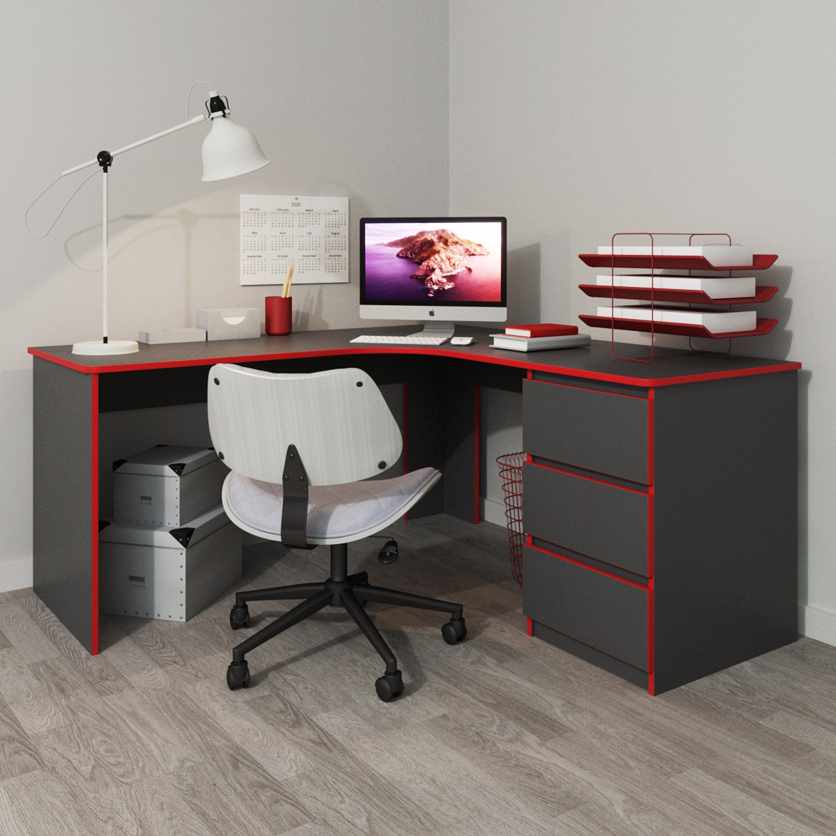 Cтіл комп'ютерний кутовий Сапфір Антрацит з червоною крайкою з блоком шухляд, фото 1