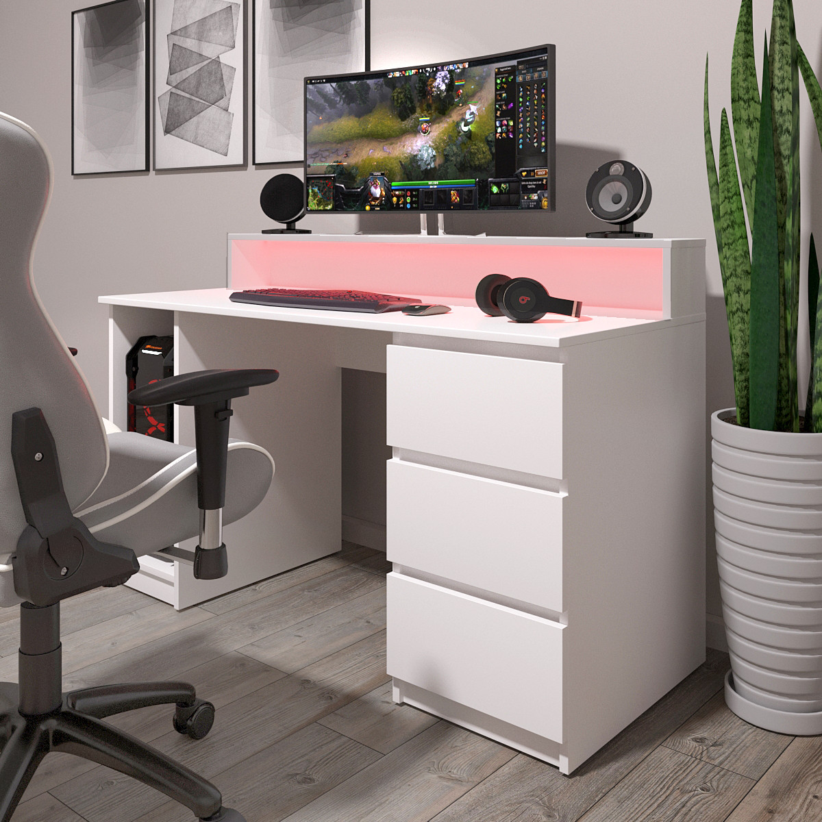 Стіл комп'ютерний ігровий Геймер з підсвіткою Білий, фото 1