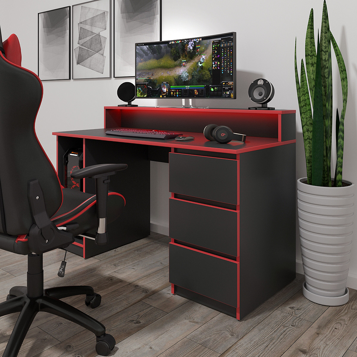 Стіл комп'ютерний ігровий Геймер з підсвіткою Чорний з червоною крайкою, фото 1