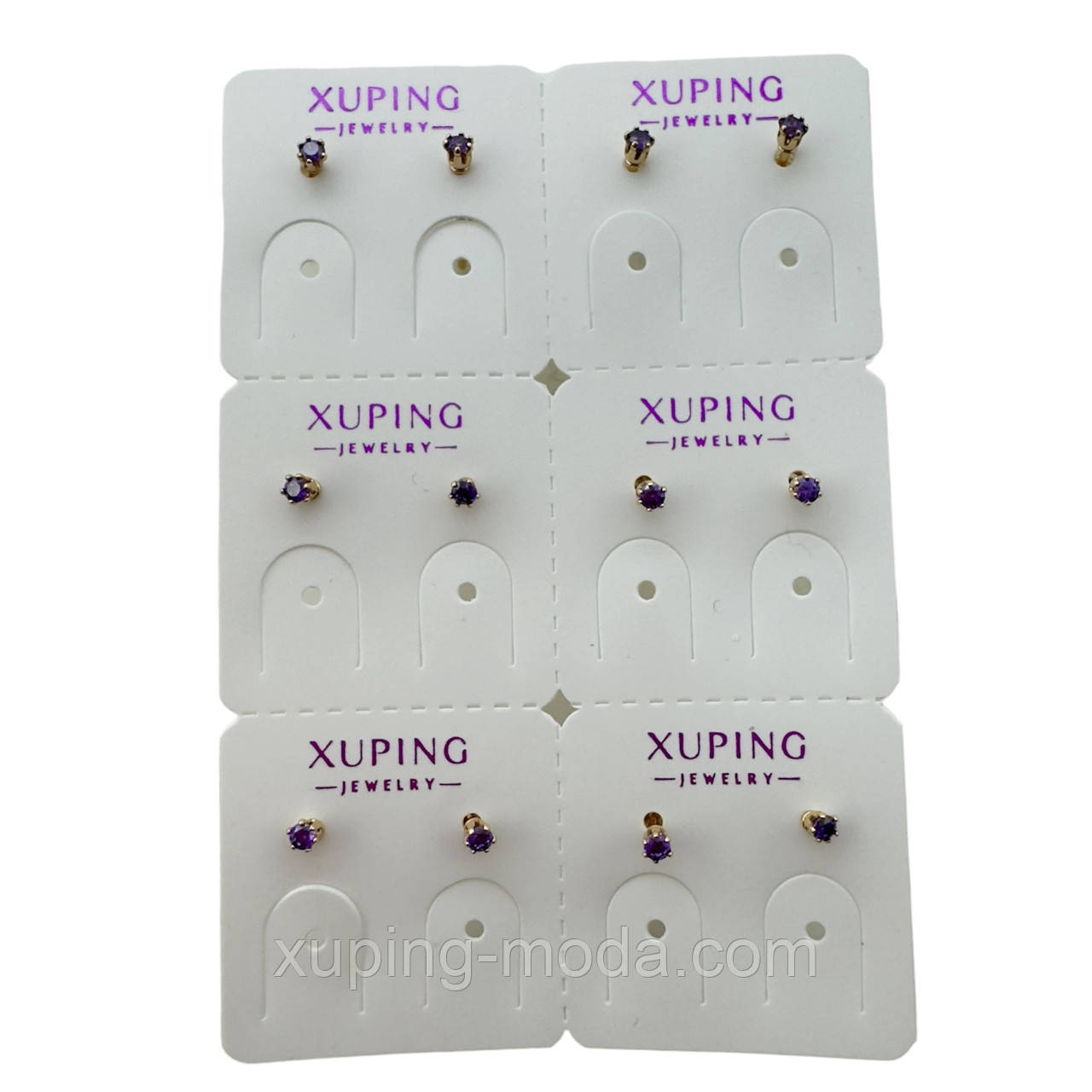 2 мм. 6 пар. Набір сережок xuping. 18к. Фіолетовий, фото 1