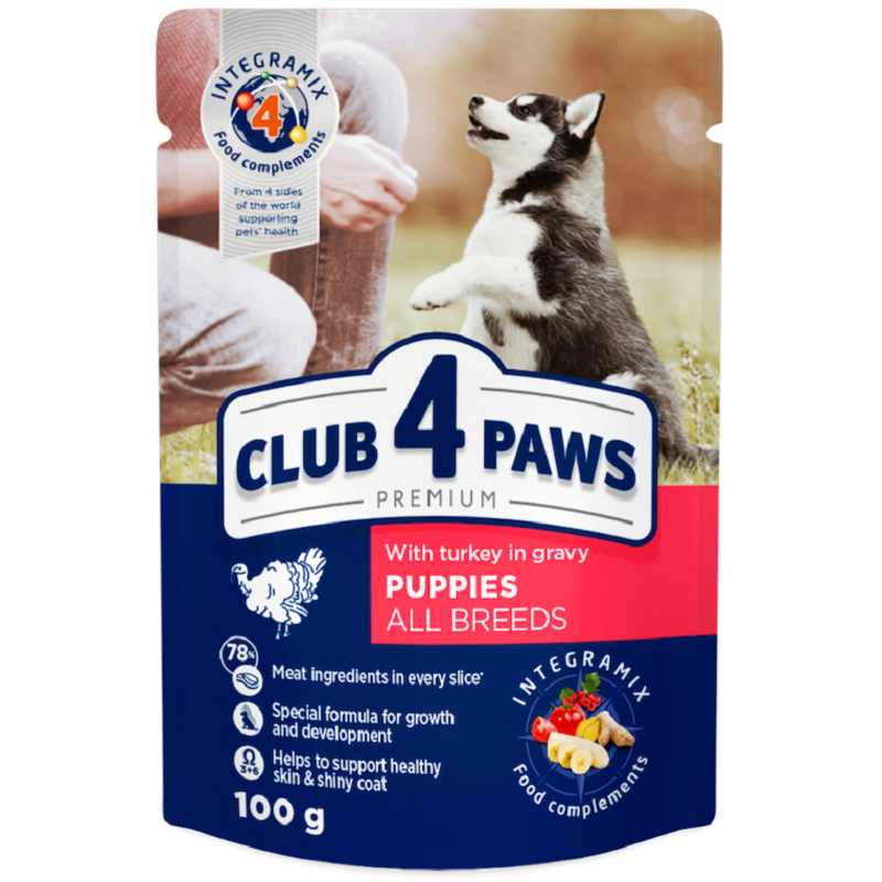 Корм для цуценят Puppies All Breds with Turkey gravy з індичкою в соусі 100 г Клуб 4 Лапи