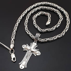 Товста чоловіча срібна цепочка лисячий хвіст і православний кулон хрестик освячений. Довжина 55 см