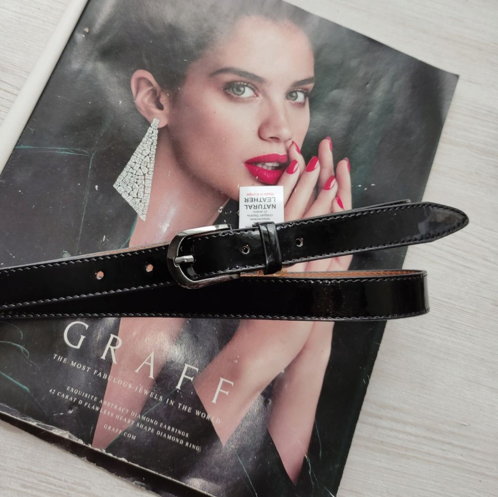 Жіночий шкіряний лаковий ремінь чорний 2 см, фото 1