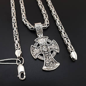 Товста чоловіча срібна цепочка лисячий хвіст і освячений кулон хрестик православний. Довжина 55 см