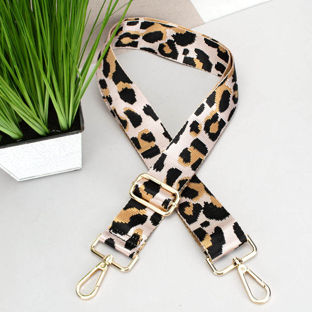 Ремінець для сумки текстильний 38 мм 8596 gold з карабінами леопардовий