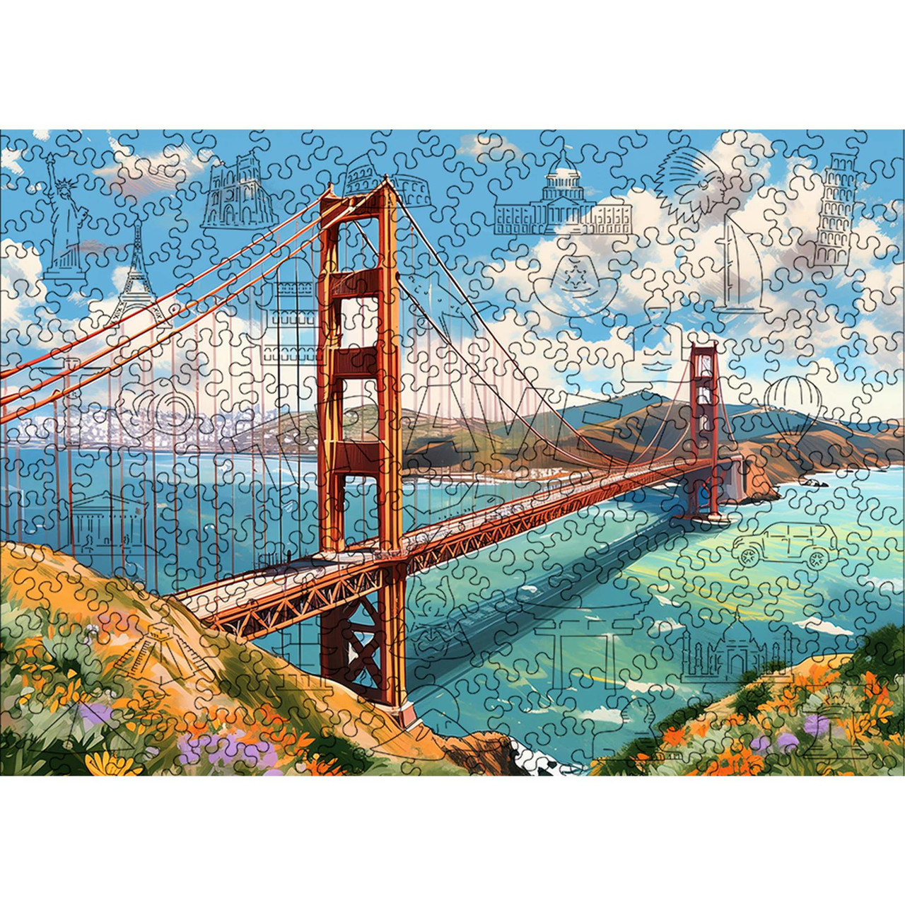 Середній Фігурний Дерев'яний Пазл Woods Story Міст Золота Брама (США) L, фото 1