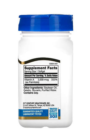 Вітамін A 21st Century Vitamin A 3000мкг 10000 IU 110 капс США, фото 3