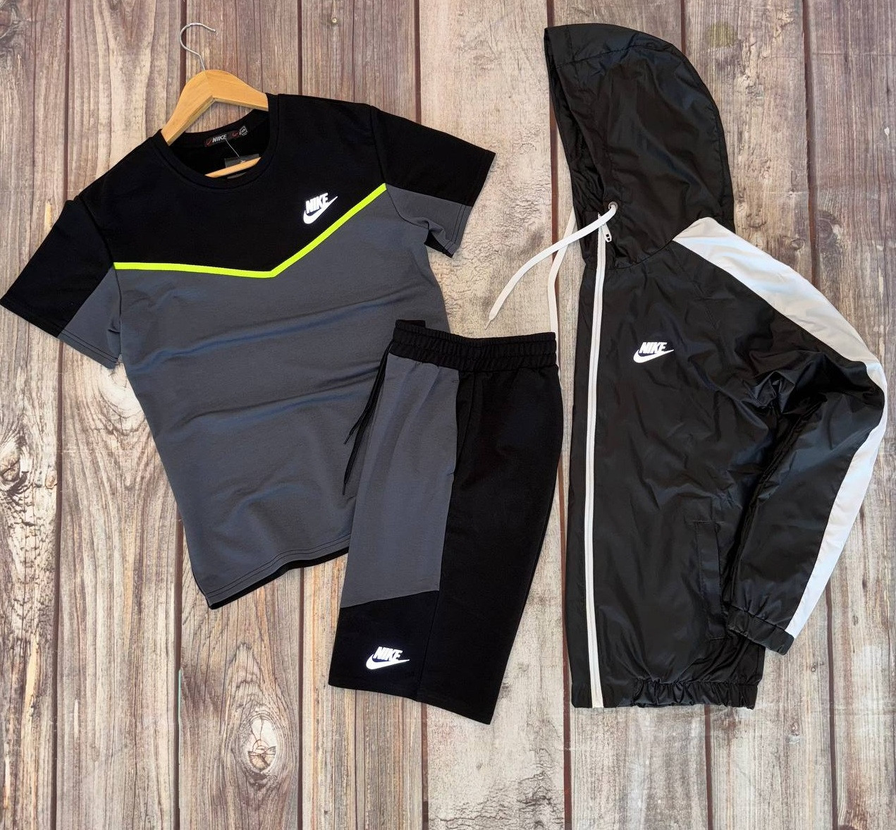 Чоловічий літній костюм футболка шорти вітровка комплект спортивний Nike Tech Туреччина. Живе фото