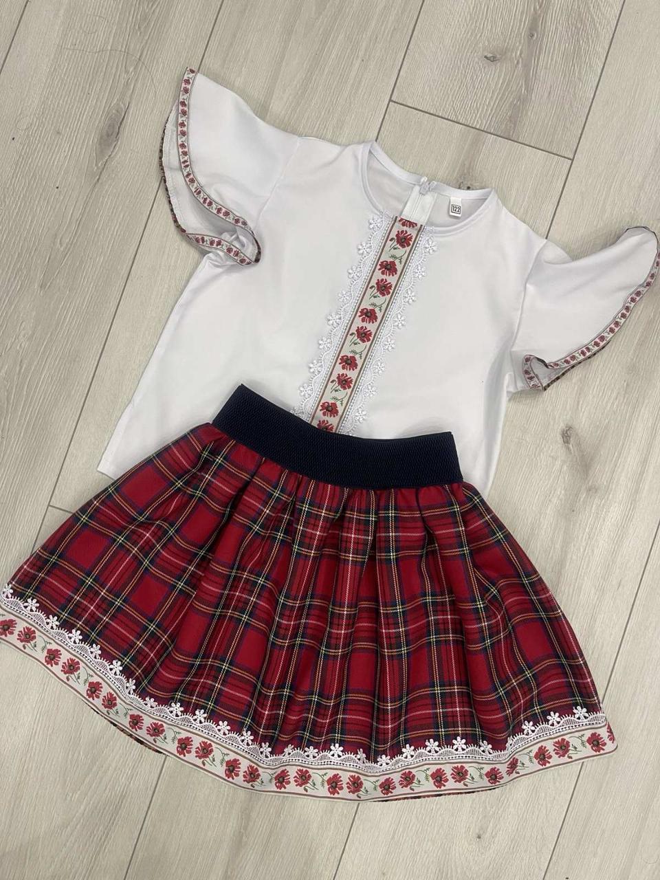 Комплект Блуза з коротким рукавом+Спідниця шкільний р. 122-134 мала клітинка