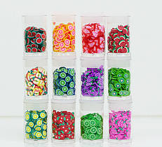 Добавки для Слайма Фімо Фрукти, Фруктові скибочки Набір декору 12 шт. для манікюру (00424)