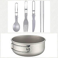 Тарілка титанова Keith 550 мл + ложка, виделка, китайські палички, ніж Boundless Voyage