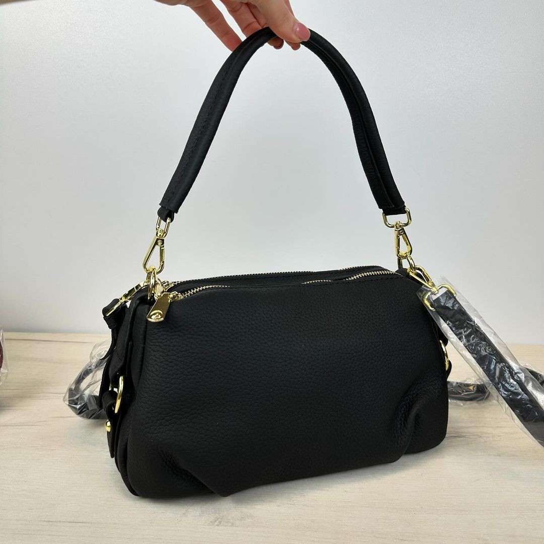 Шкіряна сумка багет на два відділення з ручкою С102-КТ-4290 Чорна, фото 1