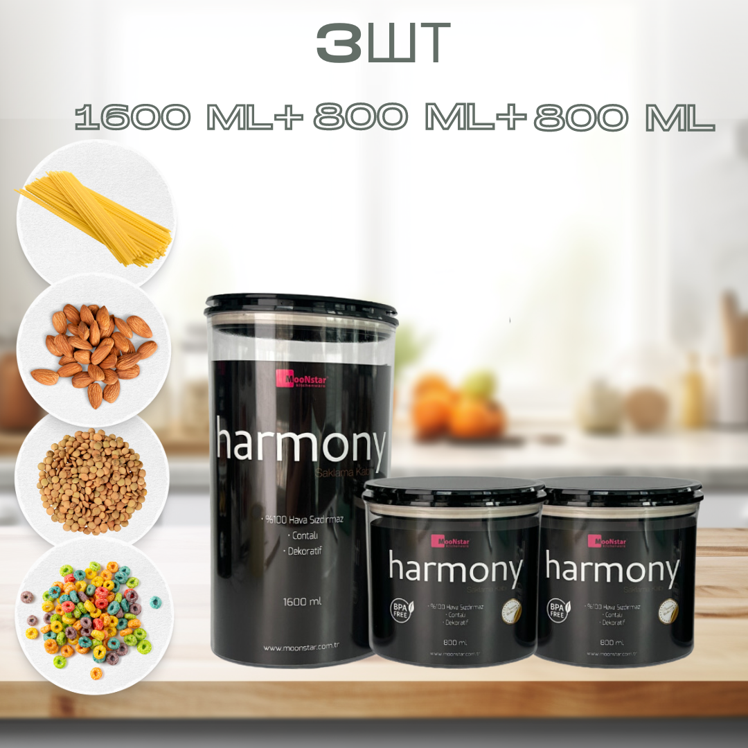 Набір акрилових контейнерів Harmony 3шт круглих з кришкою чорного кольору (0,8л + 0,8л + 1,6л)