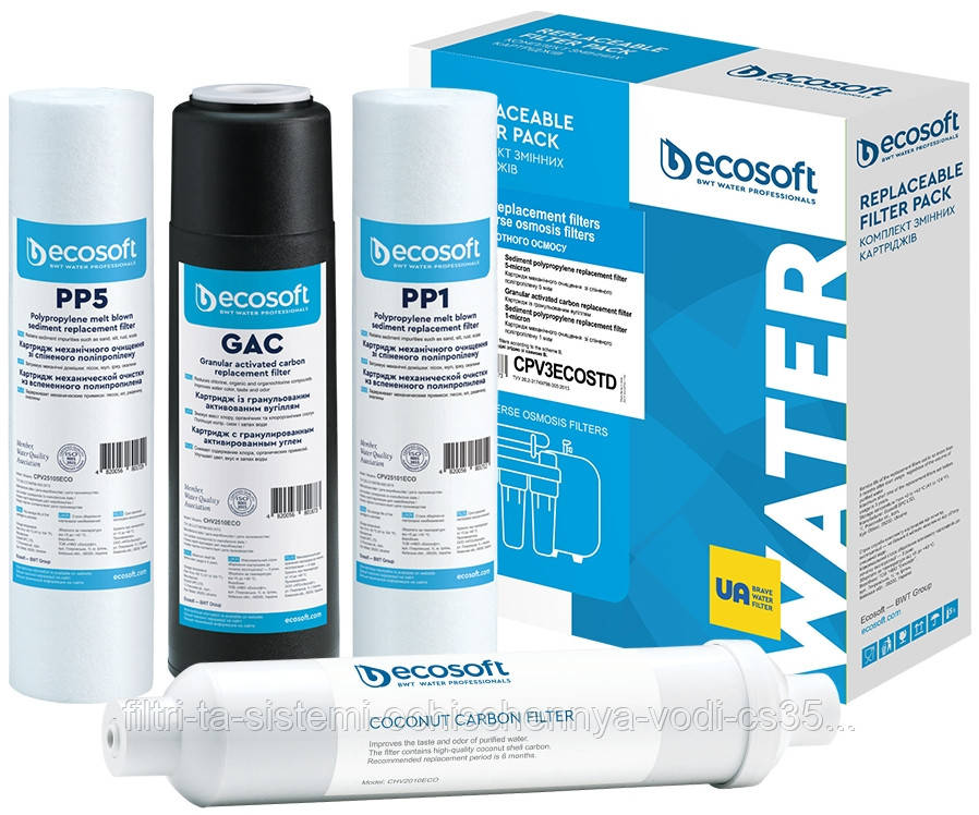 Комплект з 4 картриджів для фільтра зворотного осмосу Ecosoft Standard без мінералізатора (CPV4POST)