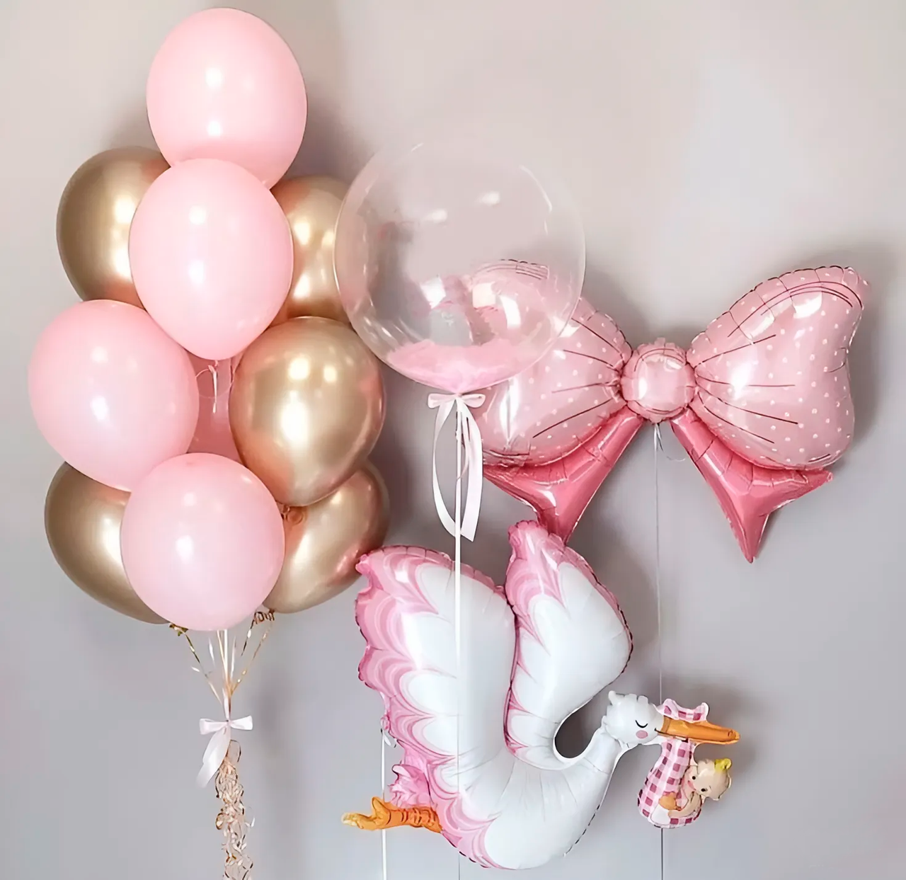 Набір з кульок на виписку лелека з бантом | Рожевий з хром