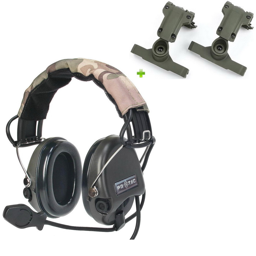 Активні навушники з мікрофоном PROTAC VII Military + кріплення на шолом Чебурашки, фото 1
