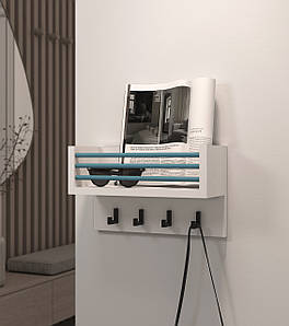 Ключниця з поличкою в передпокій на стіну, полиця для дрібних речей та ключів II W-2 Білий + нагель Синій