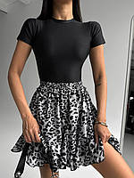 Трендовая софтовая женская воздушная летняя леопардовая мини юбка с воланами на высокой посадке на резинке